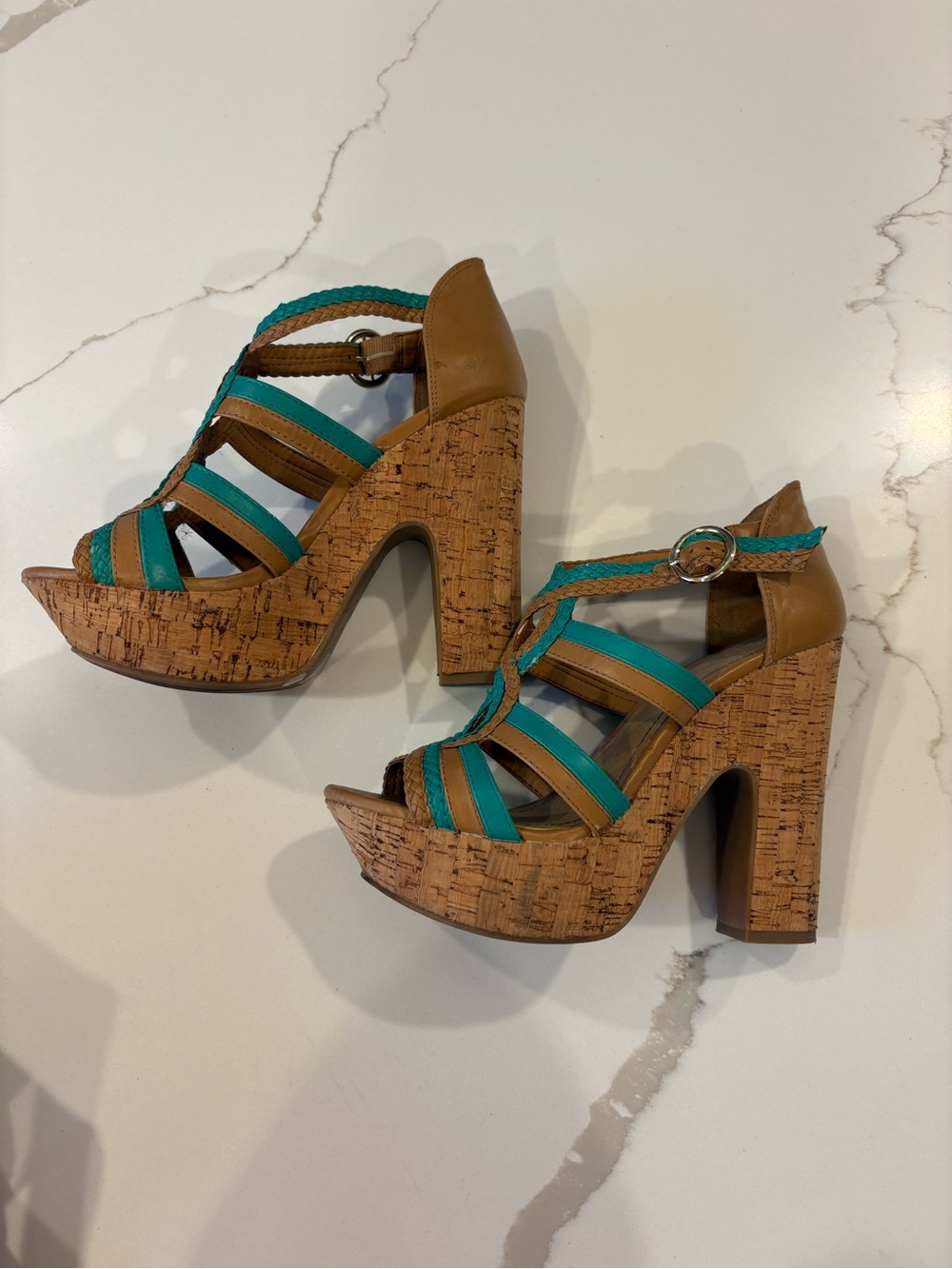 Y2K BCBGeneration Cork Chunky Strappy Platform Heels Turquoise Blue Tan Sandals